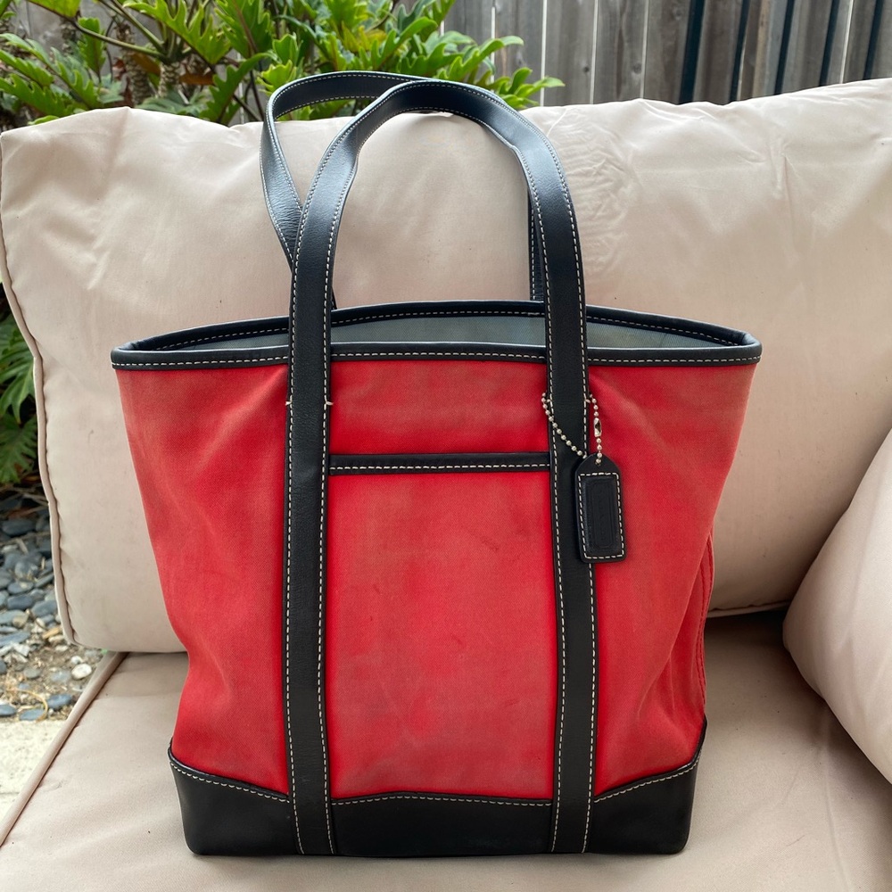 Coach Women’s Hampton Red Canvas Black Leather Small Tote Shoulder Bag Handbag